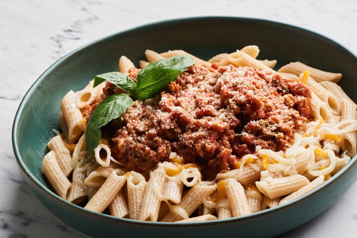 Penne pasta with plant based crumbles